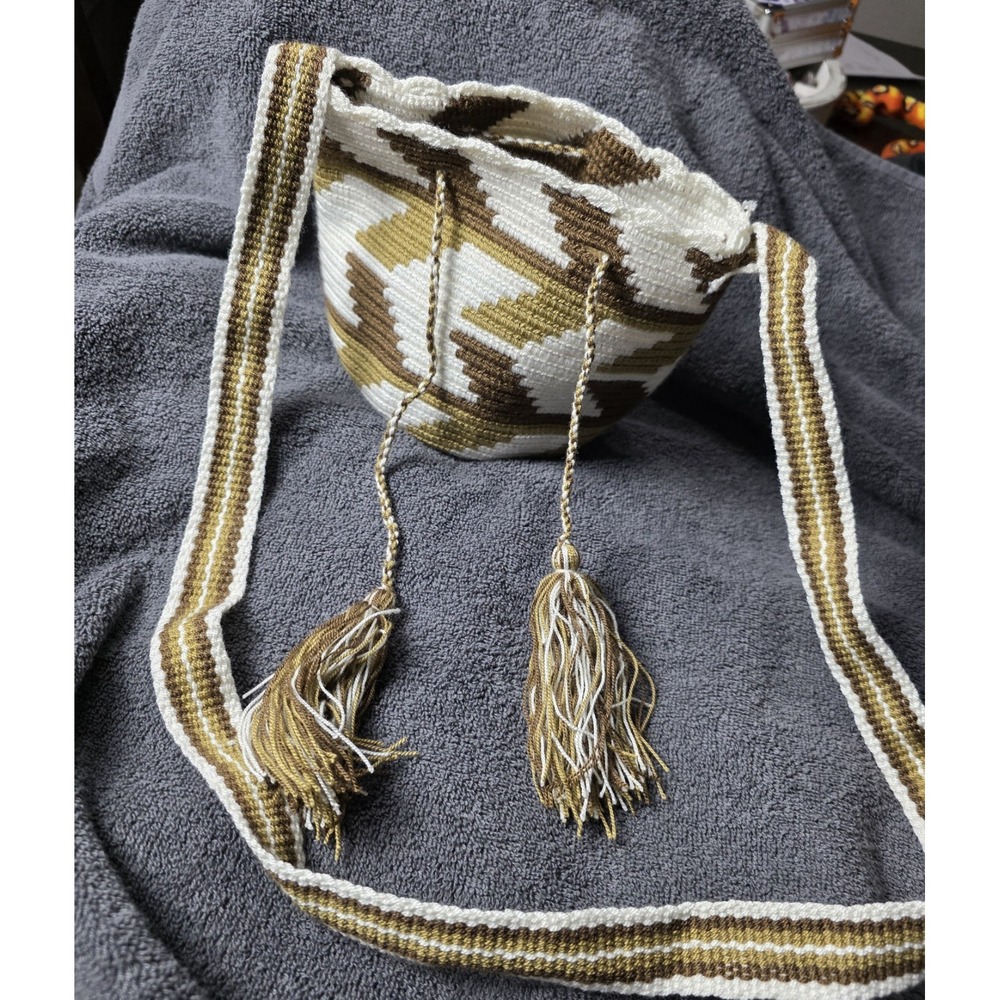 Wayuu Style Mochila Woven Bucket Crossbody Bag Brown Cream Gold Tassels Boho